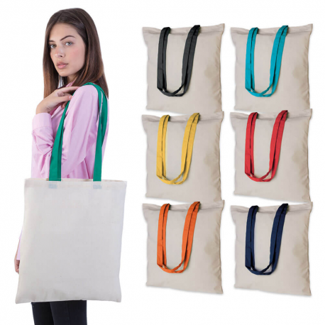 Borsa shoppers in cotone 130gr manici colorati Borsa shoppers in cotone 130gr manici colorati